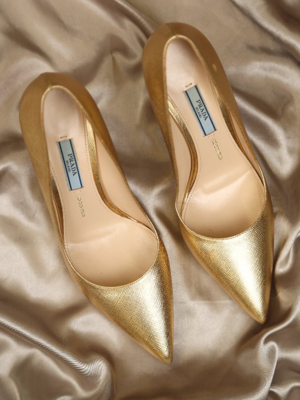 PRADA Gold Saffiano Pumps